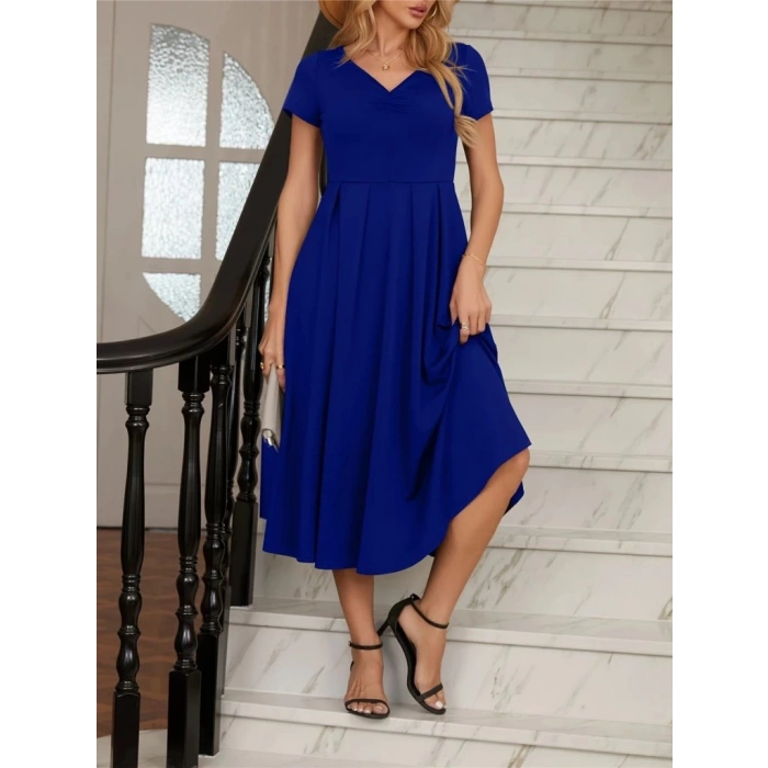 Kadın Kısa Kollu V Yakalı önden Pileli Midi Janjan Krep Elbise