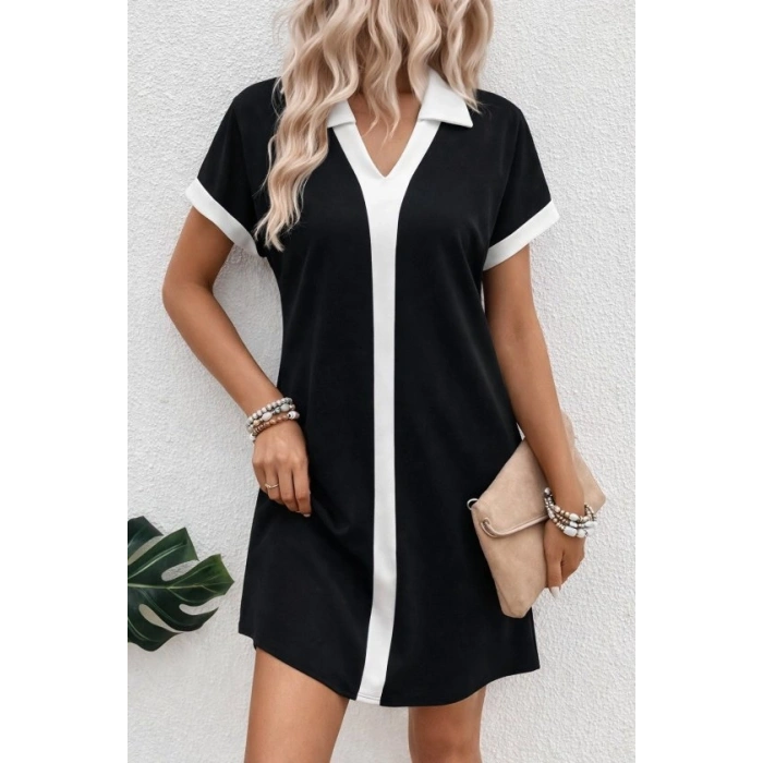 Kadın Kısa Kollu V Yakalı Onden şerit Detaylı Yakalı Kısa Janjan Krep Elbise