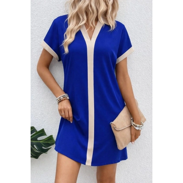 Kadın Kısa Kollu V Yakalı Onden şerit Detaylı Yakalı Kısa Janjan Krep Elbise