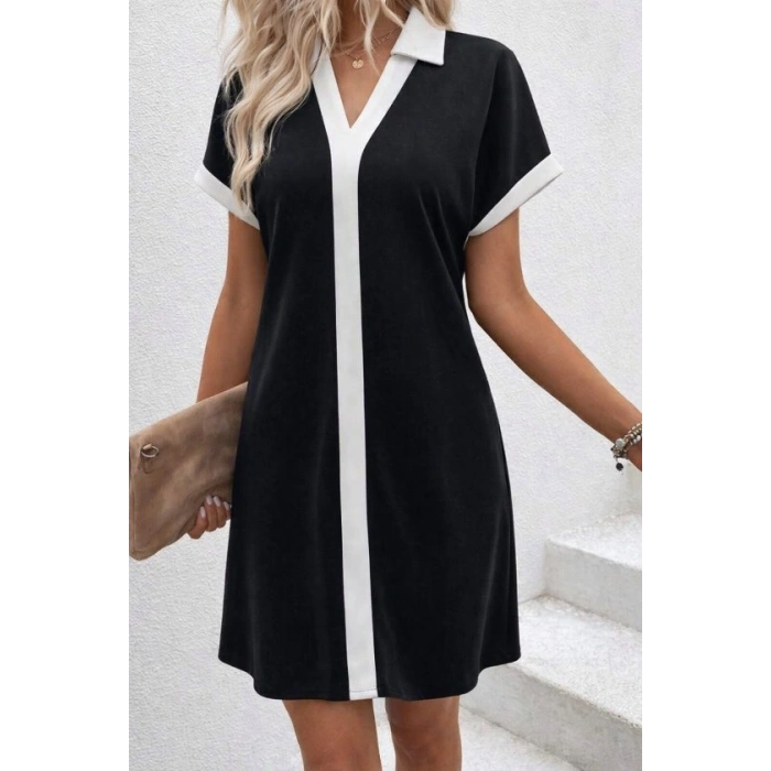 Kadın Kısa Kollu V Yakalı Onden şerit Detaylı Yakalı Kısa Janjan Krep Elbise