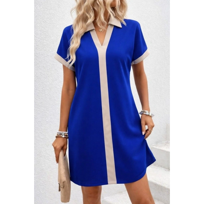 Kadın Kısa Kollu V Yakalı Onden şerit Detaylı Yakalı Kısa Janjan Krep Elbise