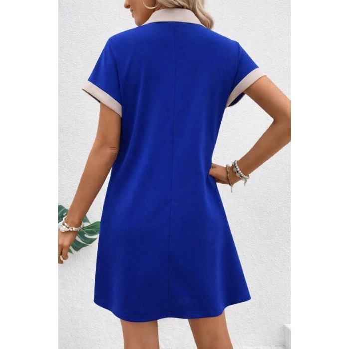 Kadın Kısa Kollu V Yakalı Onden şerit Detaylı Yakalı Kısa Janjan Krep Elbise