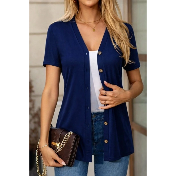 Kadın Kısa Kollu V Yakalı önü Düğmeli Viskon Bluz