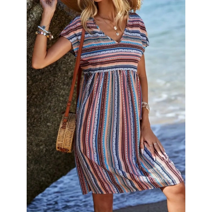 Kadın Kısa Kollu V Yakalı Pile Detay Keten Elbise