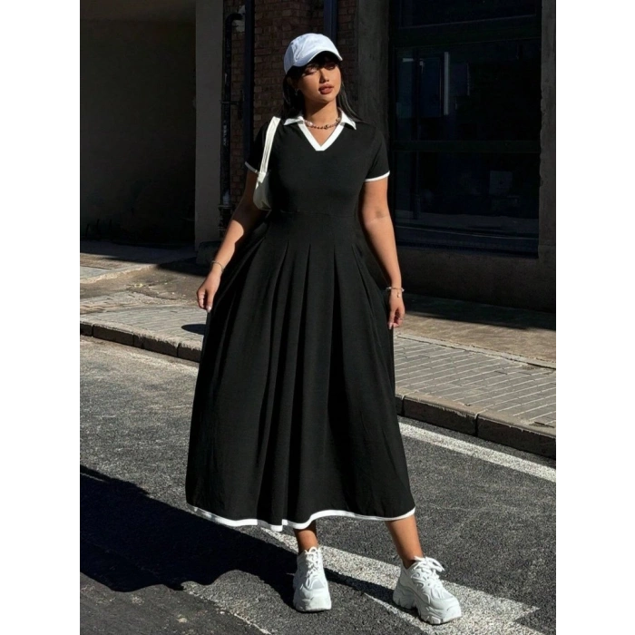 Kadın Kısa Kollu V Yakalı Pileli Uzun Janjan Krep Elbise