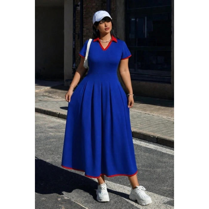 Kadın Kısa Kollu V Yakalı Pileli Uzun Janjan Krep Elbise