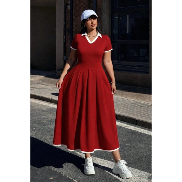 Kadın Kısa Kollu V Yakalı Pileli Uzun Janjan Krep Elbise
