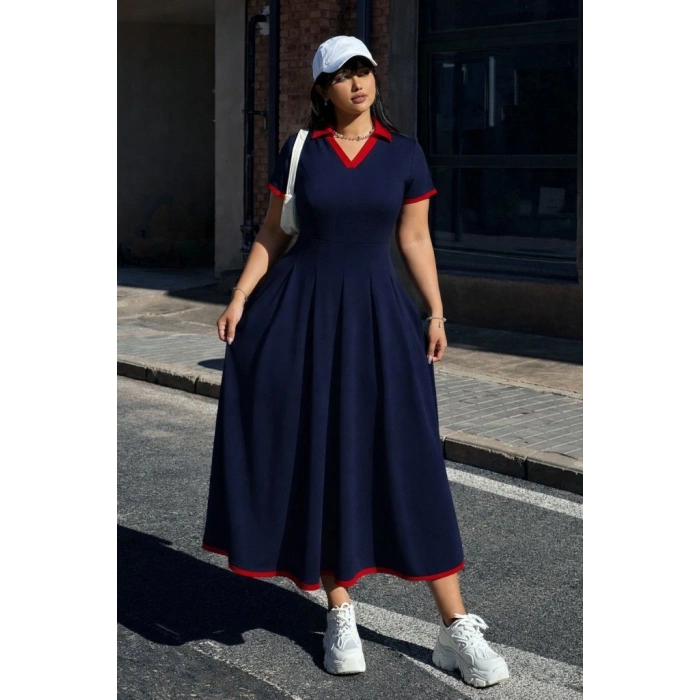 Kadın Kısa Kollu V Yakalı Pileli Uzun Janjan Krep Elbise