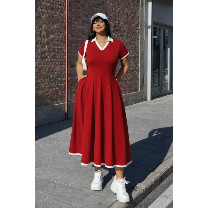 Kadın Kısa Kollu V Yakalı Pileli Uzun Janjan Krep Elbise
