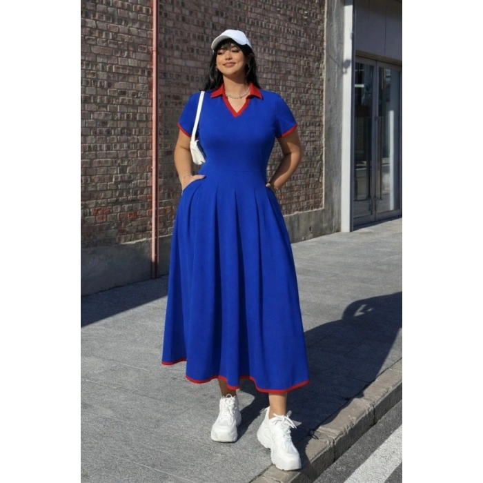 Kadın Kısa Kollu V Yakalı Pileli Uzun Janjan Krep Elbise