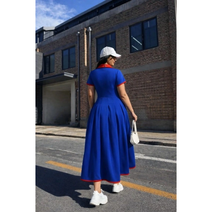 Kadın Kısa Kollu V Yakalı Pileli Uzun Janjan Krep Elbise