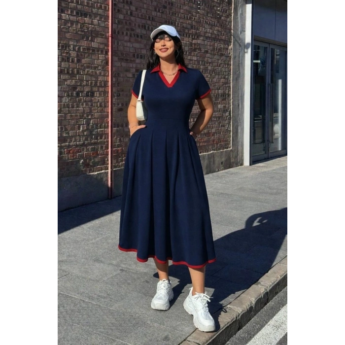 Kadın Kısa Kollu V Yakalı Pileli Uzun Janjan Krep Elbise