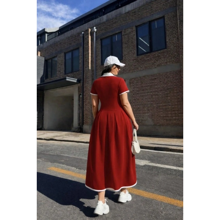 Kadın Kısa Kollu V Yakalı Pileli Uzun Janjan Krep Elbise