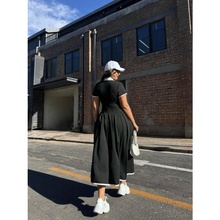 Kadın Kısa Kollu V Yakalı Pileli Uzun Janjan Krep Elbise