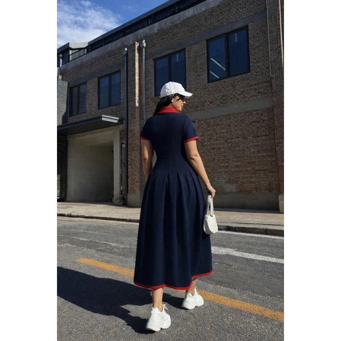 Kadın Kısa Kollu V Yakalı Pileli Uzun Janjan Krep Elbise