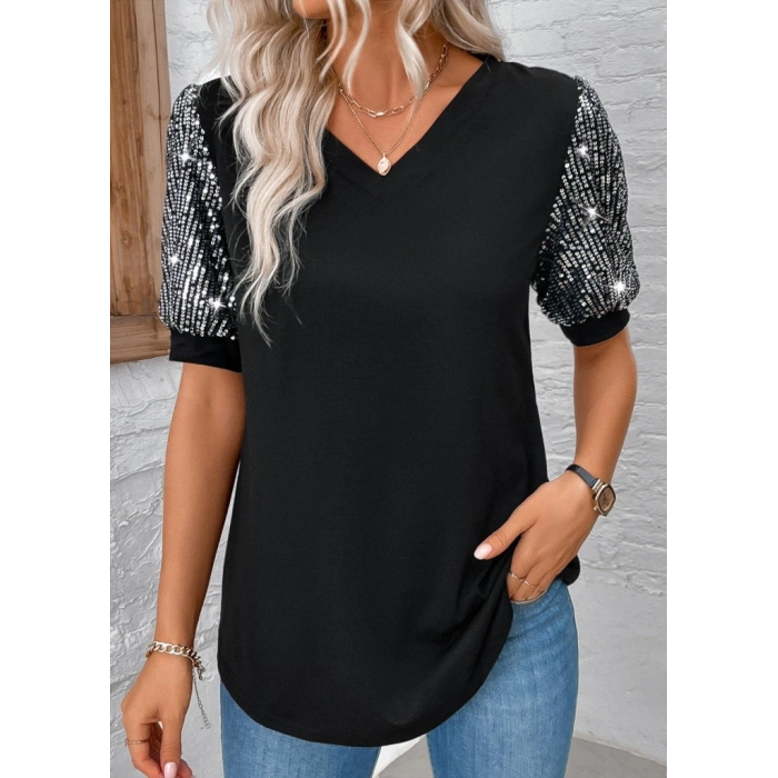 Kadın Kısa Kollu V Yakalı Pul Payet Detaylı Viskon Bluz