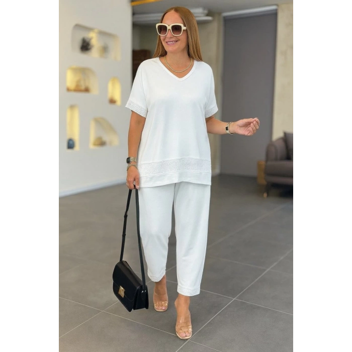 Kadın Kısa Kollu V Yakalı Pul Payetli Viskon Iki Iplik Bluz Ve Pantolon Ikili Takım