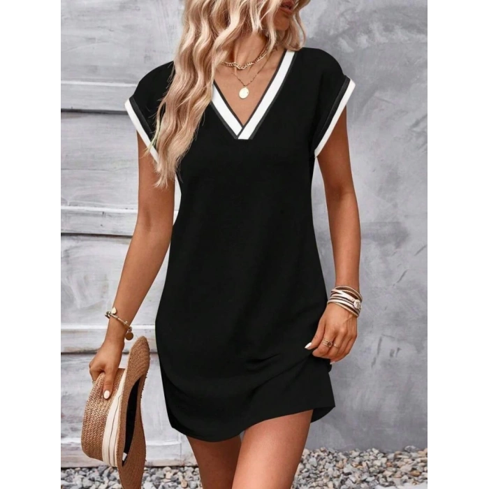 Kadın Kısa Kollu V Yakalı Ribanalı Modal Mini Elbise