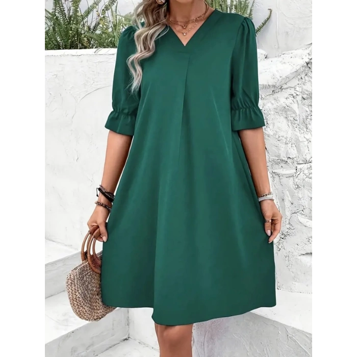 Kadın Kısa Kollu V Yakalı Salaş Janjan Krep Elbise