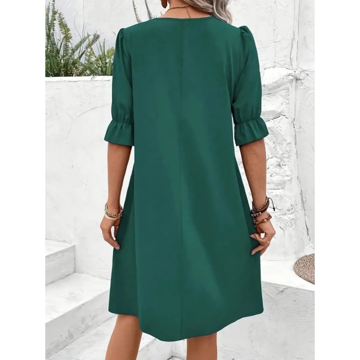 Kadın Kısa Kollu V Yakalı Salaş Janjan Krep Elbise