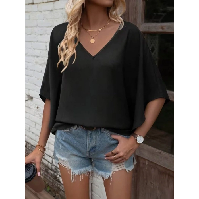 Kadın Kısa Kollu V Yakalı Salaş Viskon Bluz