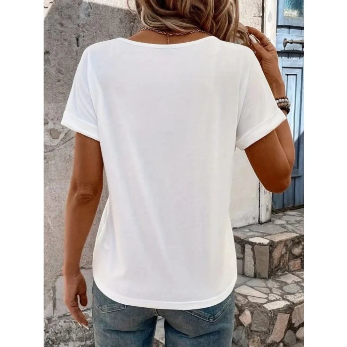 Kadın Kısa Kollu V Yakalı şerit Detaylı Viskon Bluz