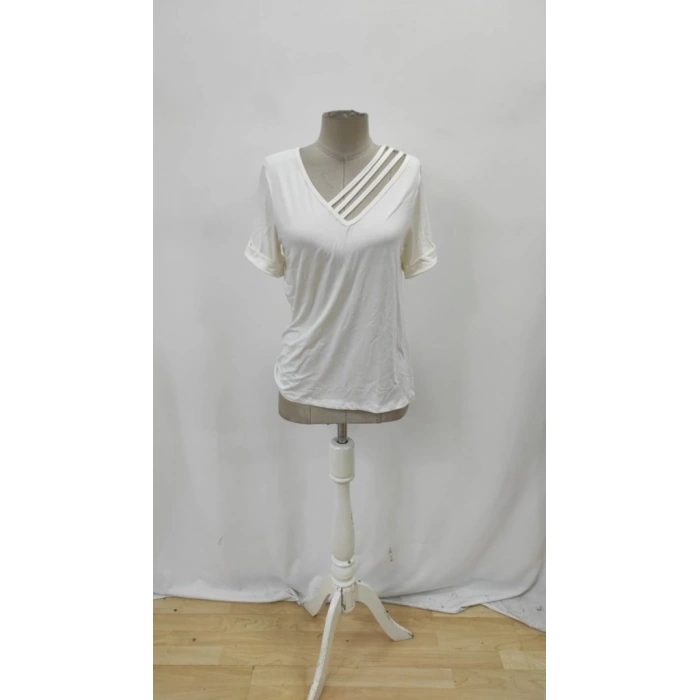 Kadın Kısa Kollu V Yakalı şerit Detaylı Viskon Bluz