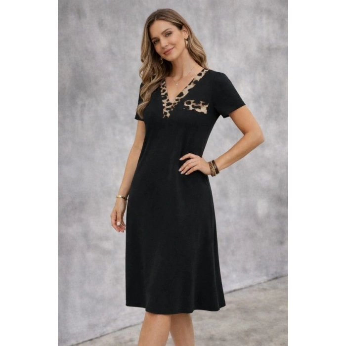 Kadın Kısa Kollu V Yakalı Süs Cep Detaylı Midi Viskon Elbise