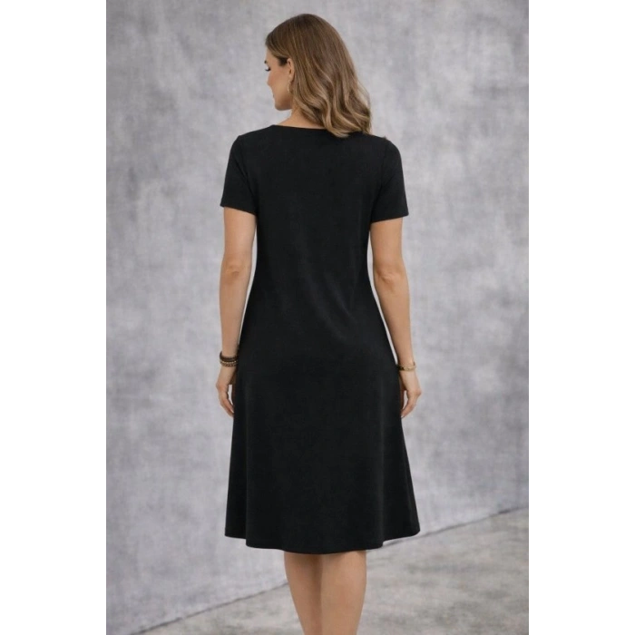 Kadın Kısa Kollu V Yakalı Süs Cep Detaylı Midi Viskon Elbise