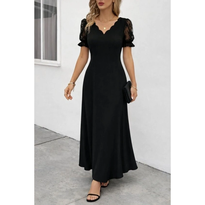 Kadın Kısa Kollu V Yakalı Uzun Janjan Elbise