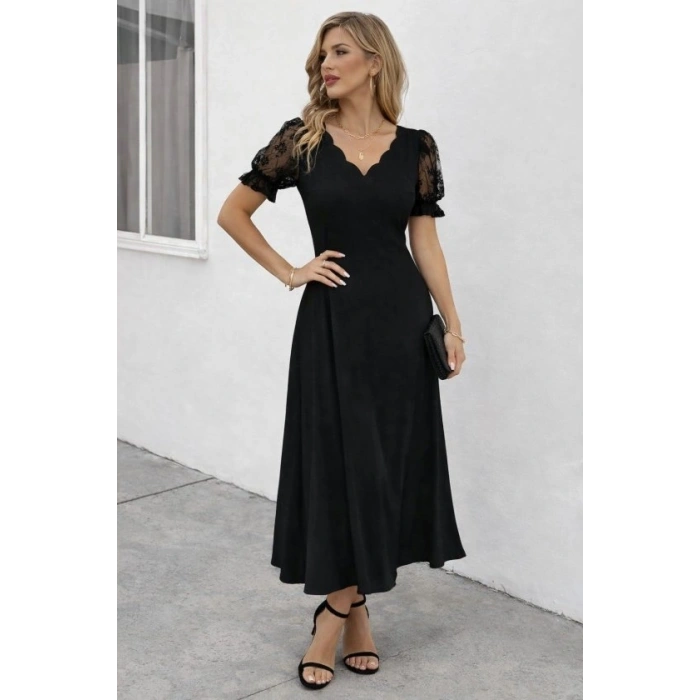 Kadın Kısa Kollu V Yakalı Uzun Janjan Elbise