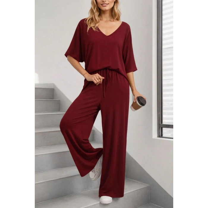 Kadın Kısa Kollu V Yakalı Viskon Bluz Ve Pantolon Ikili Takım