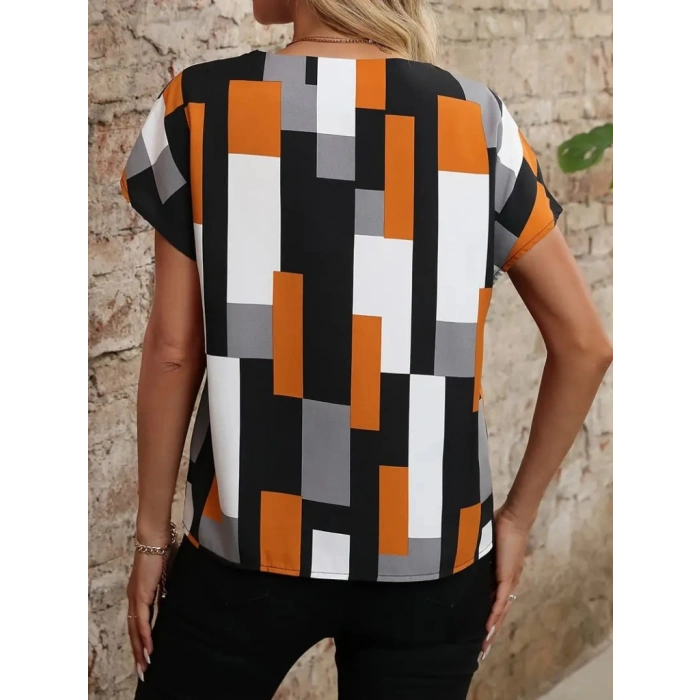 Kadın Kısa Kollu V Yakalı Yarasa Kollu Atlas Bluz