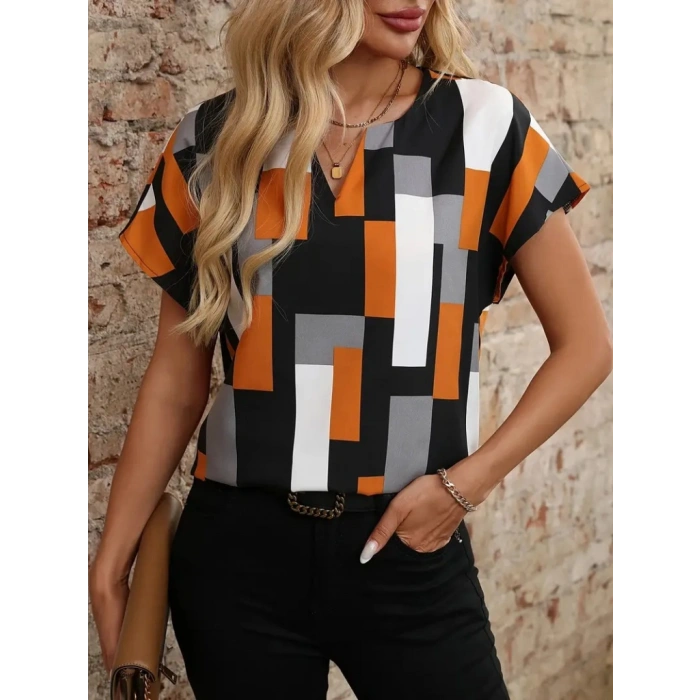 Kadın Kısa Kollu V Yakalı Yarasa Kollu Atlas Bluz