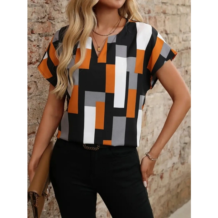 Kadın Kısa Kollu V Yakalı Yarasa Kollu Atlas Bluz