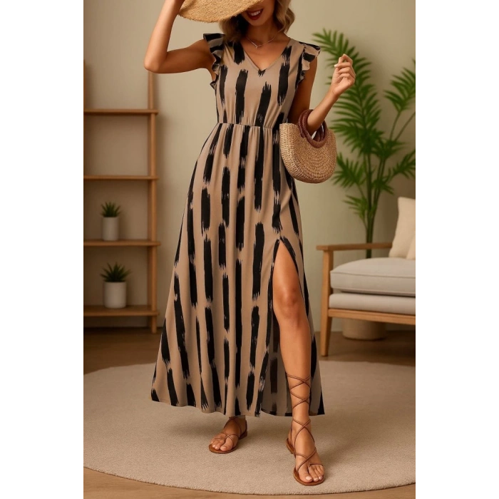 Kadın Kısa Kollu V Yakalı Yırtmaçlı çiçek Desenli Süprem Elbise