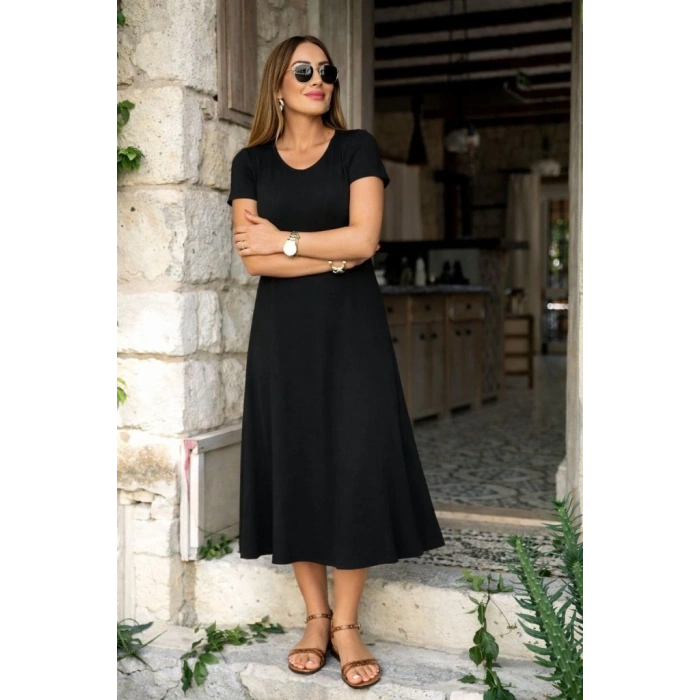 Kadın Kısa Kollu V Yakalı Yırtmaçlı Midi Viskon Elbise