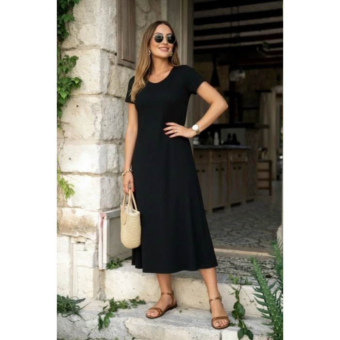 Kadın Kısa Kollu V Yakalı Yırtmaçlı Midi Viskon Elbise