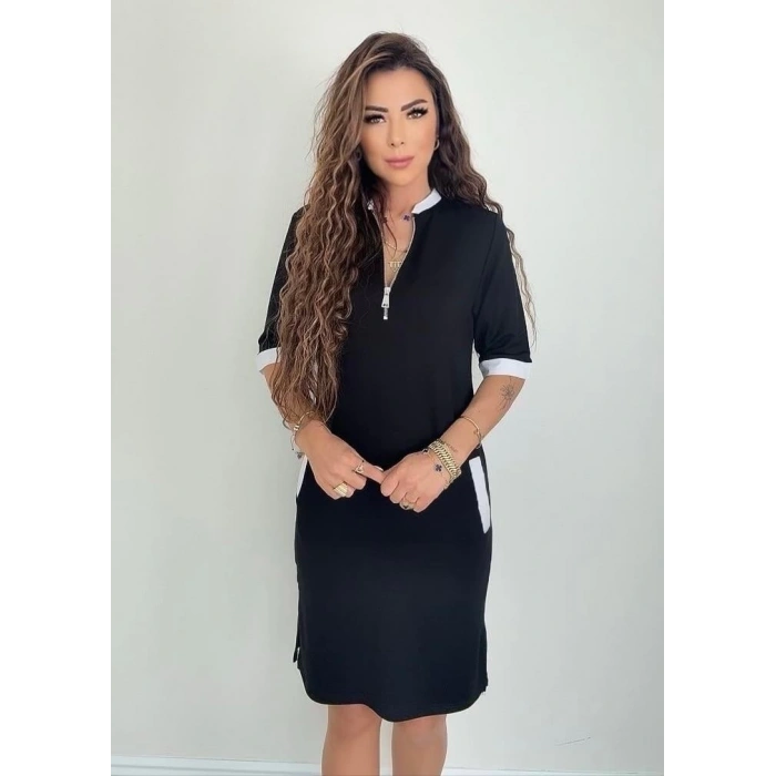 Kadın Kısa Kollu Yakadan Fermuarlı Cepli Yandan Yırtmaçlı Viskon Elbise