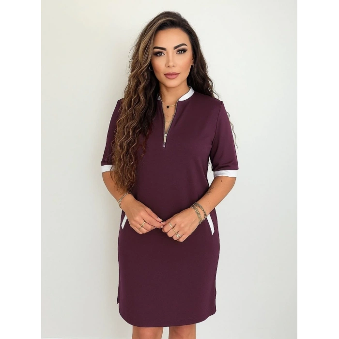 Kadın Kısa Kollu Yakadan Fermuarlı Cepli Yandan Yırtmaçlı Viskon Elbise