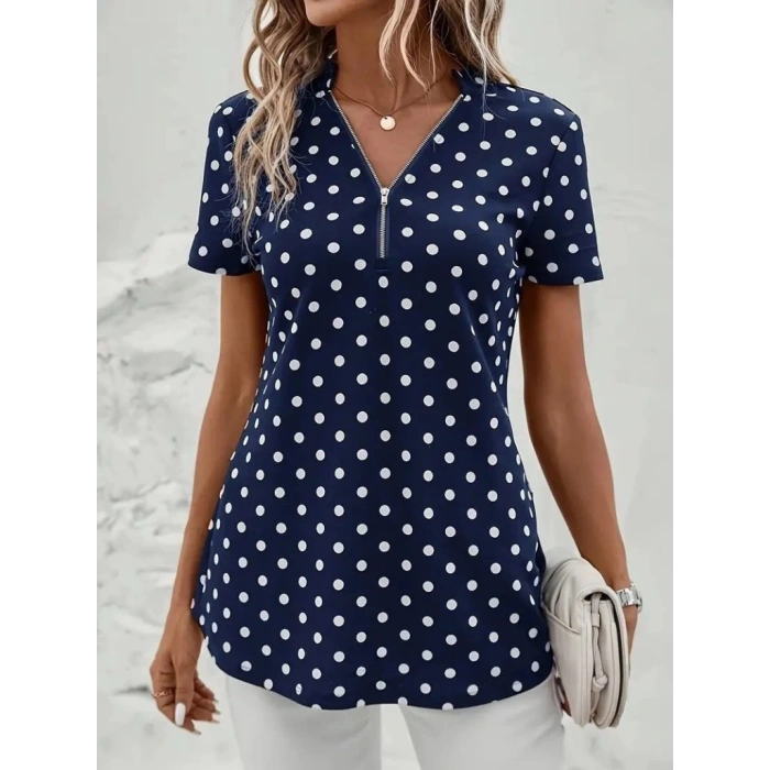 Kadın Kısa Kollu Yakadan Fermuarlı Puantiyeli Uzun Dokuma Viskon Bluz