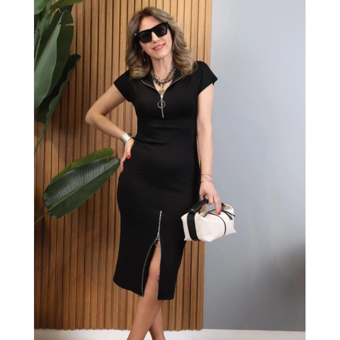 Kadın Kısa Kollu Yakadan Ve Eteği Fermuarlı Viskon Iki Iplik Midi Elbise