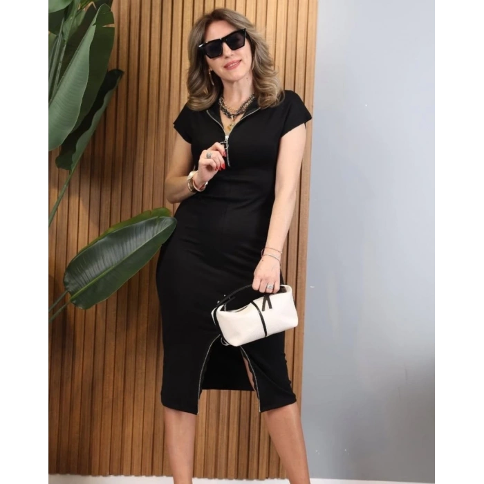 Kadın Kısa Kollu Yakadan Ve Eteği Fermuarlı Viskon Iki Iplik Midi Elbise