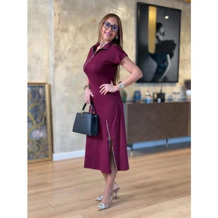 Kadın Kısa Kollu Yakadan Ve Etekten Fermuarlı Midi Viskon Iki Iplik Elbise