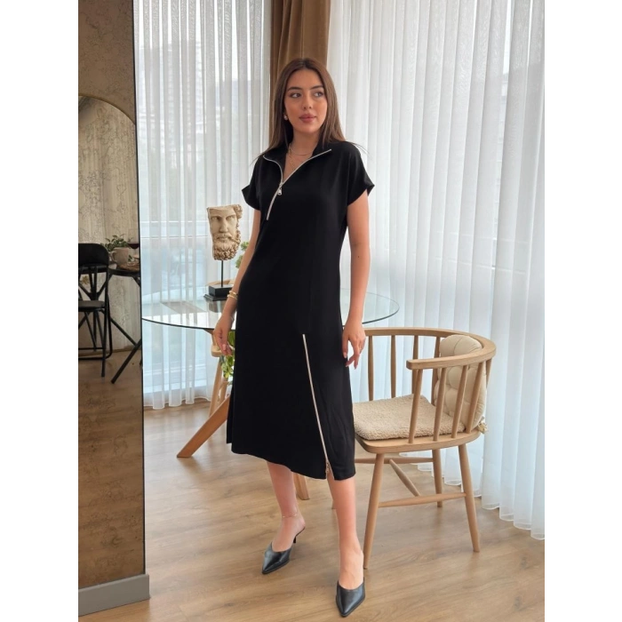Kadın Kısa Kollu Yakadan Ve Etekten Fermuarlı Midi Viskon Iki Iplik Elbise