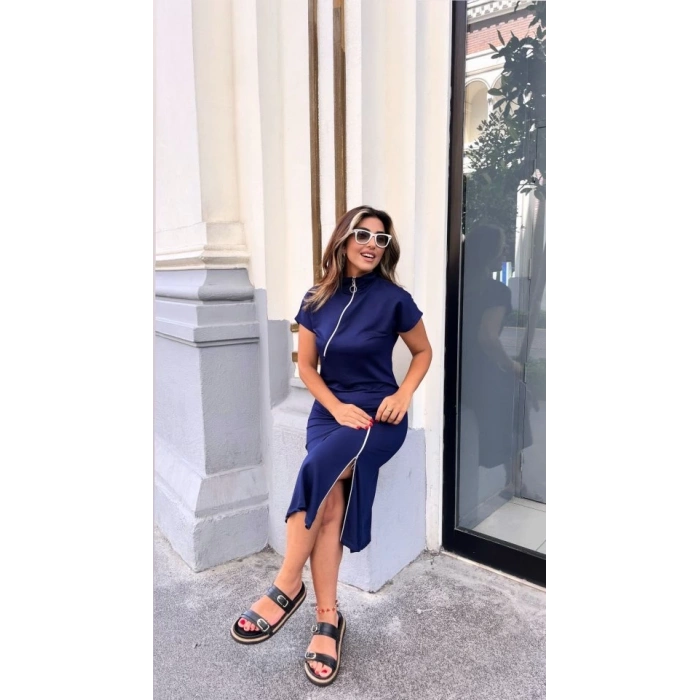 Kadın Kısa Kollu Yakadan Ve Etekten Fermuarlı Midi Viskon Iki Iplik Elbise