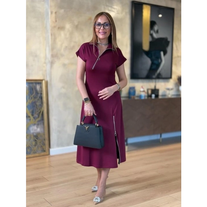 Kadın Kısa Kollu Yakadan Ve Etekten Fermuarlı Midi Viskon Iki Iplik Elbise