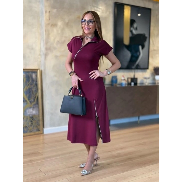 Kadın Kısa Kollu Yakadan Ve Etekten Fermuarlı Midi Viskon Iki Iplik Elbise