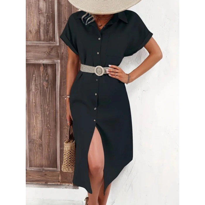 Kadın Kısa Kollu Yakalı Düğme Detay Midi Dokuma Elbise