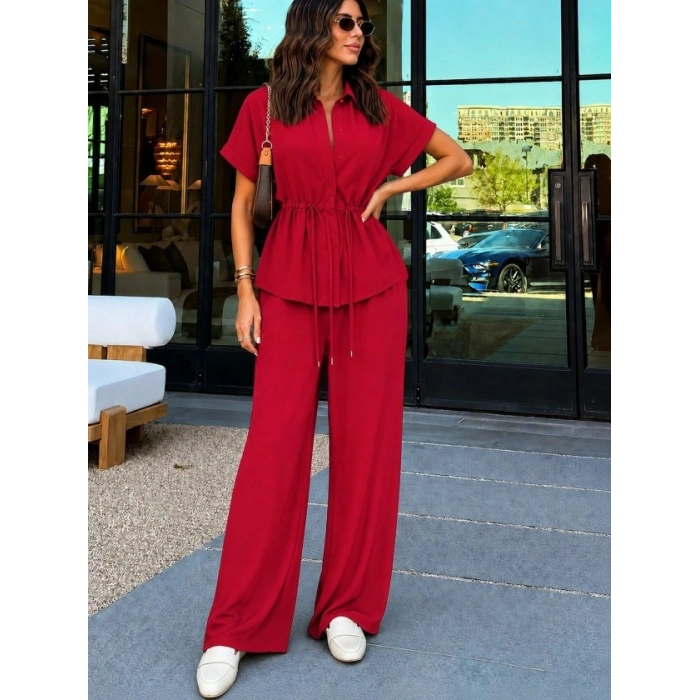Kadın Kısa Kollu Yakalı önden Düğmeli Belden Bağcıklı Aerobin Bluz Ve Pantolon Ikili Takım